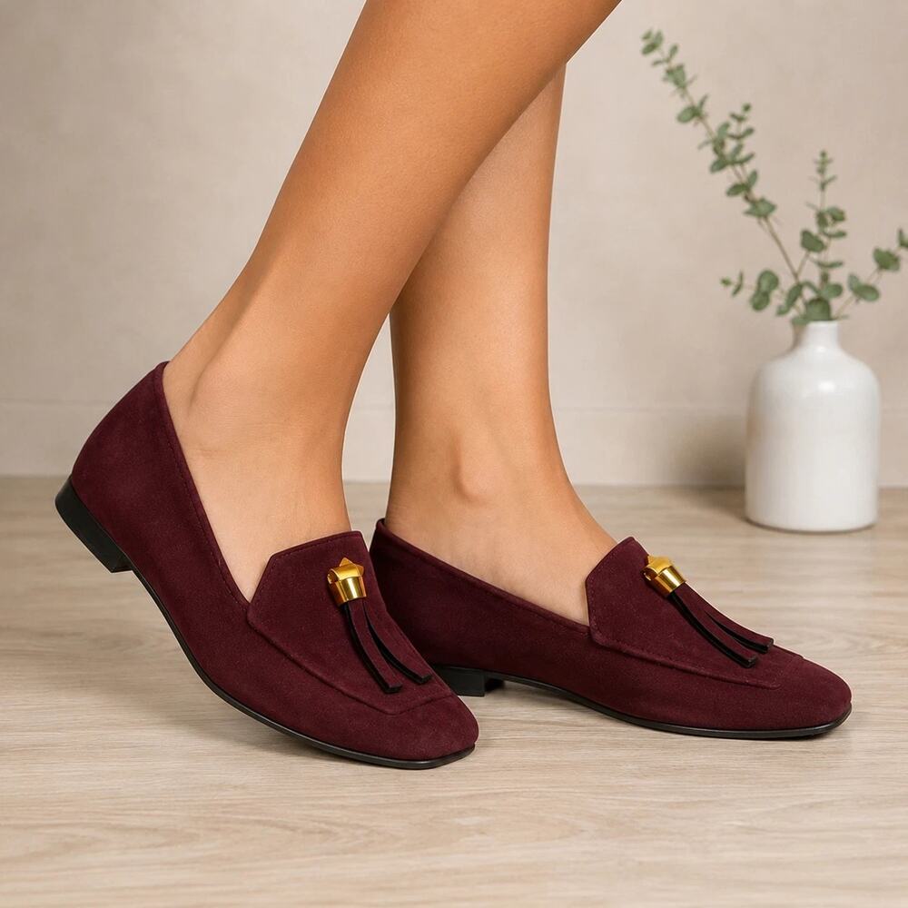 Stuart Weitzman Slipknot Loafer Burgundy Red Suede Tassel Flat Square Toe 9.5 M